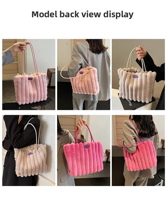 Tote bag a righe in peluche – borsa capiente e soffice per inverno 2025
