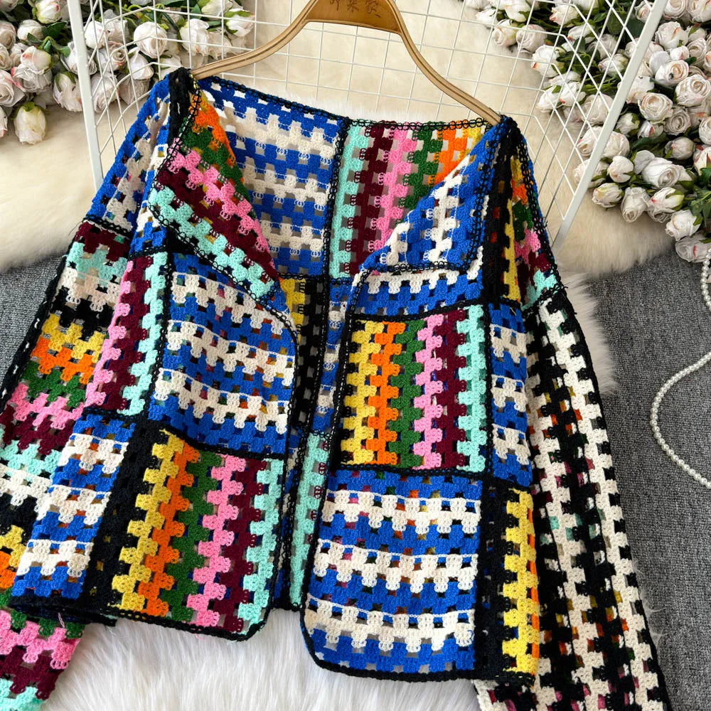 Cardigan multicolore crochet donna – Maglione traforato patchwork openwork