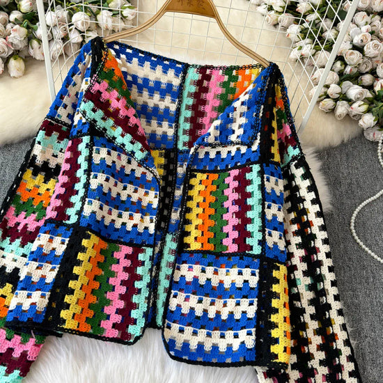 Cardigan multicolore crochet donna – Maglione traforato patchwork openwork