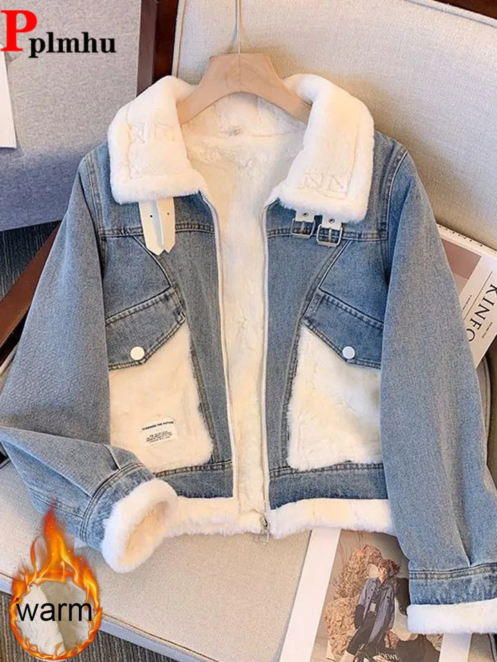 Giacca denim imbottita con pile fissato 2025 – giubbotto baggy da donna con colletto alto e interno caldo