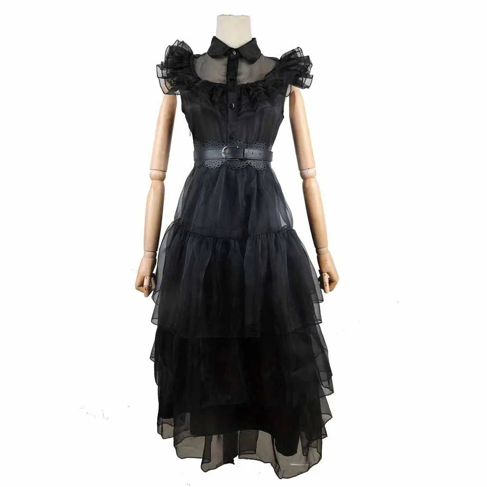 Costume Halloween Wednesday Addams 2025 ‒ abito nero elegante con pizzo & cut-out per party e role play