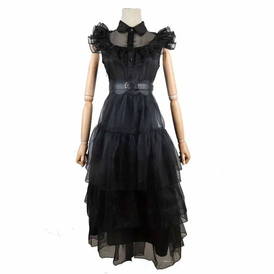 Costume Halloween Wednesday Addams 2025 ‒ abito nero elegante con pizzo & cut-out per party e role play