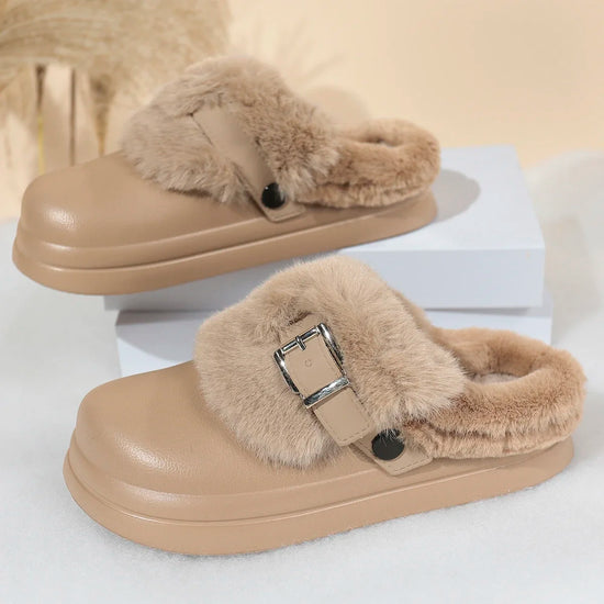 Women EVA Thick Sole Fur Slippers Closed Toe Fluffy Warm Home Slippers Woman Buckle Fashion Slip-on Cover Head Cotton Slippers
