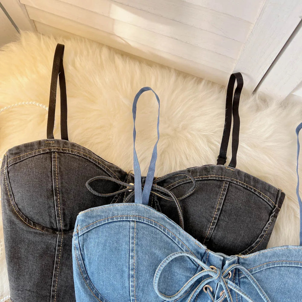 Top Denim Corsetto con Reggiseno Integrato – Crop Top Donna