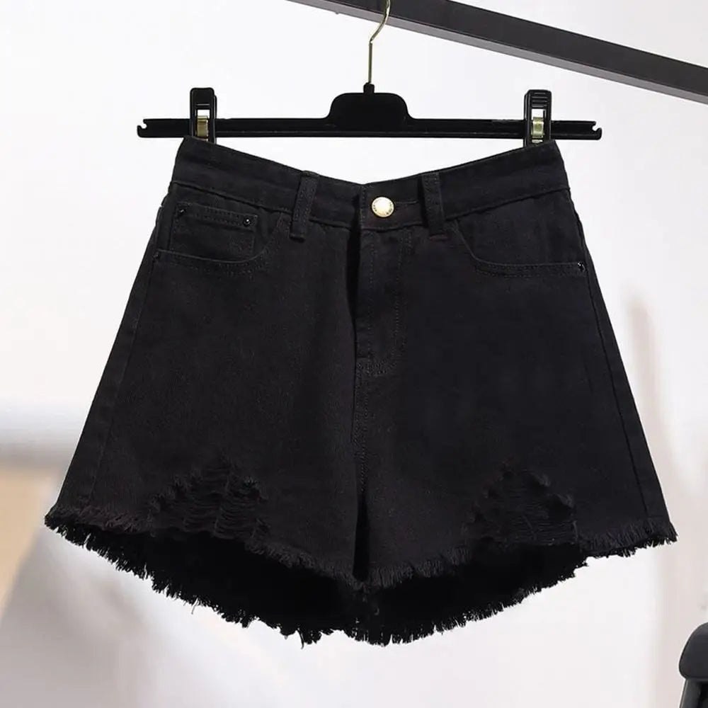 Cowboy shorts donna vita alta stile coreano – denim bianco con tasche, frange e strappi