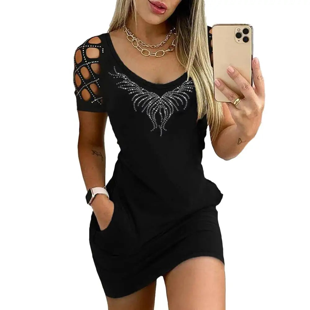 Mini Dress Bodycon Paillettes Donna – O‑Neck, Maniche Corte, Estate 2025