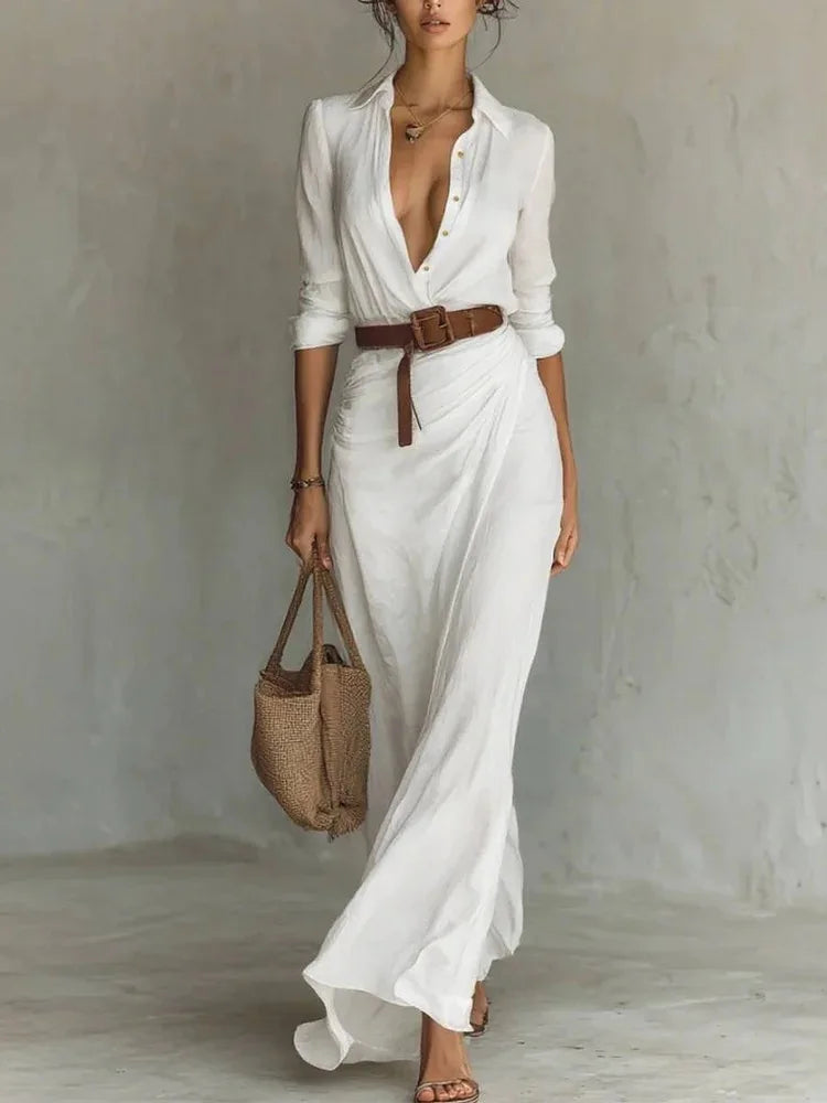Vestito lungo donna 2025 ‒ abito elegante manica lunga con scollo profondo, cintura, taglio asimmetrico “irregular”, perfetto per party e occasioni speciali