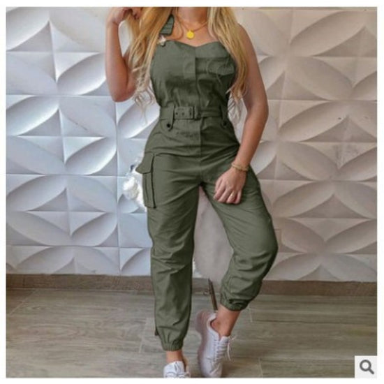 Jumpsuit cargo donna 2025 – tuta senza maniche con spalline sottili, tasche utility, look casual chic