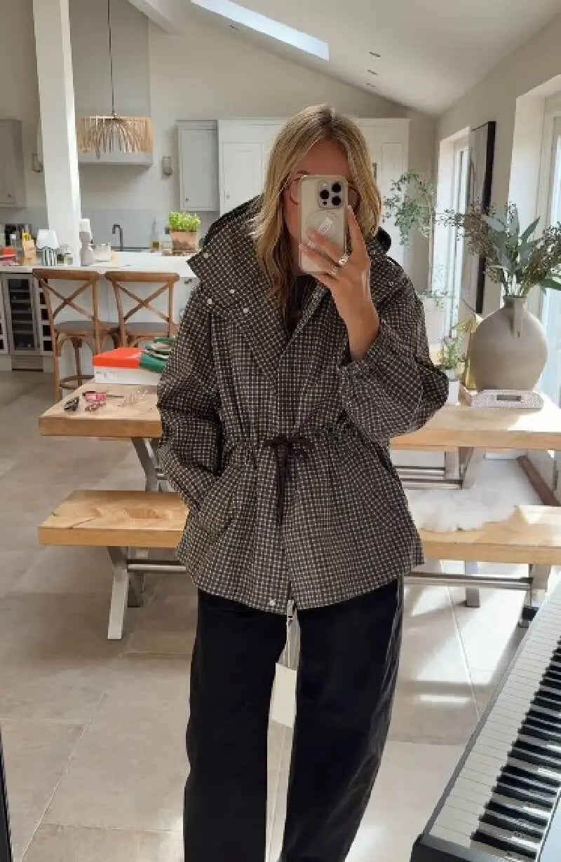 Giacca donna a quadri con cappuccio e zip