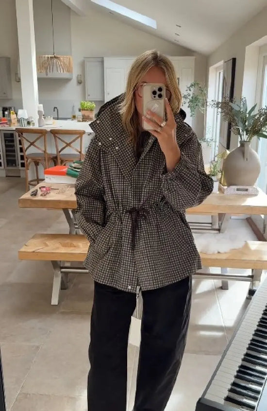 Giacca donna a quadri con cappuccio e zip