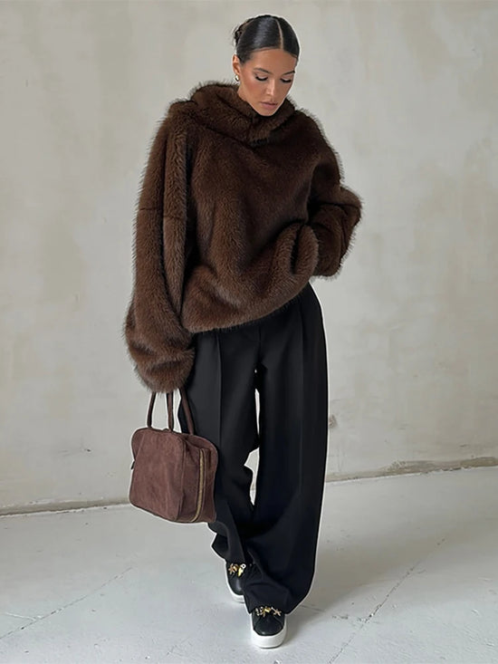 Felpa donna effetto pelliccia marrone con cappuccio