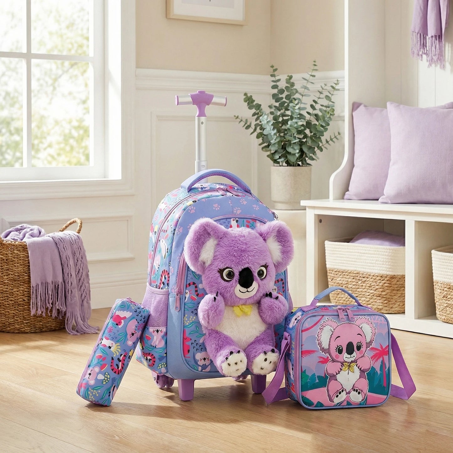 Girls 3D Plush Cat Rolling Backpack 3PCS Set - Waterproof Trolley School Bag with Wheels, Insulated Lunch Bag and Pencil Pouch -