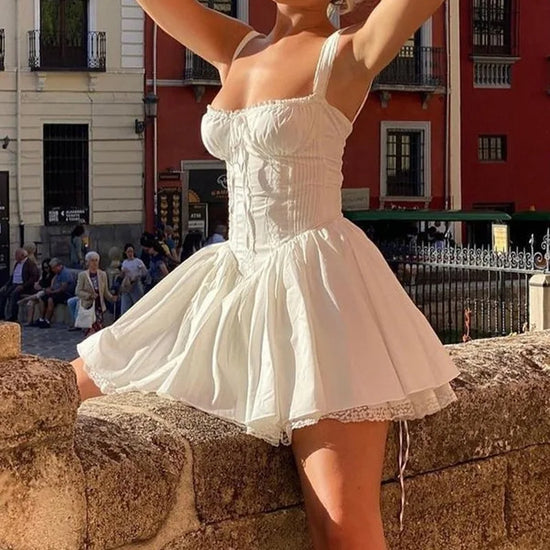 Mini Abito Corsetto in Pizzo Floreale – Estate 2025, Bianco/ Giallo/Rosso/Blu