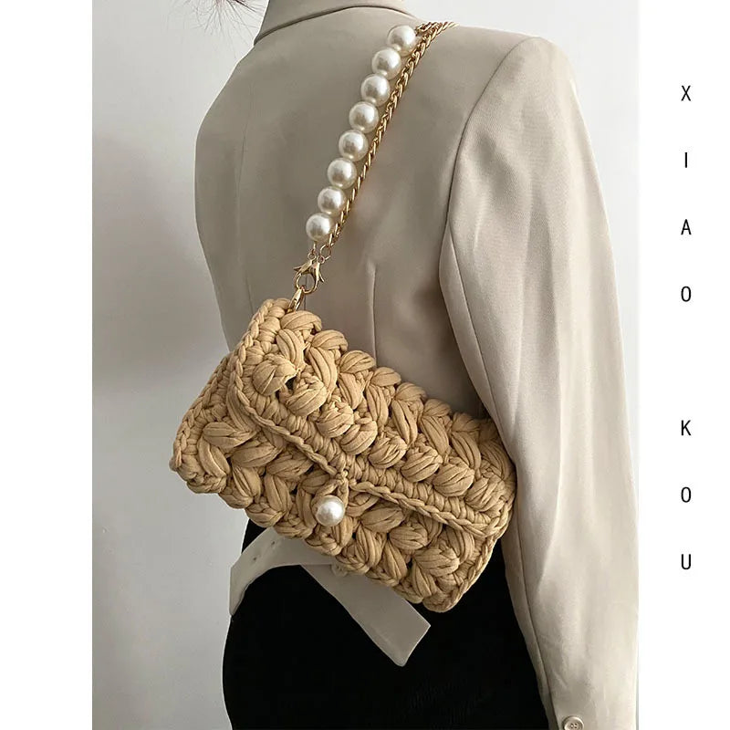 Borsa Donna Crochet a Spalla Uncinetto con Perle e Catena – Design Crossbody