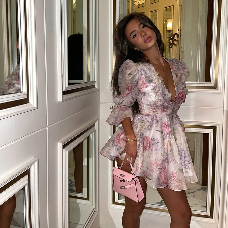 Vestito estivo mini chiffon floreale con scollatura profonda e maniche a palloncino – Abito da sera Fairycore 2025