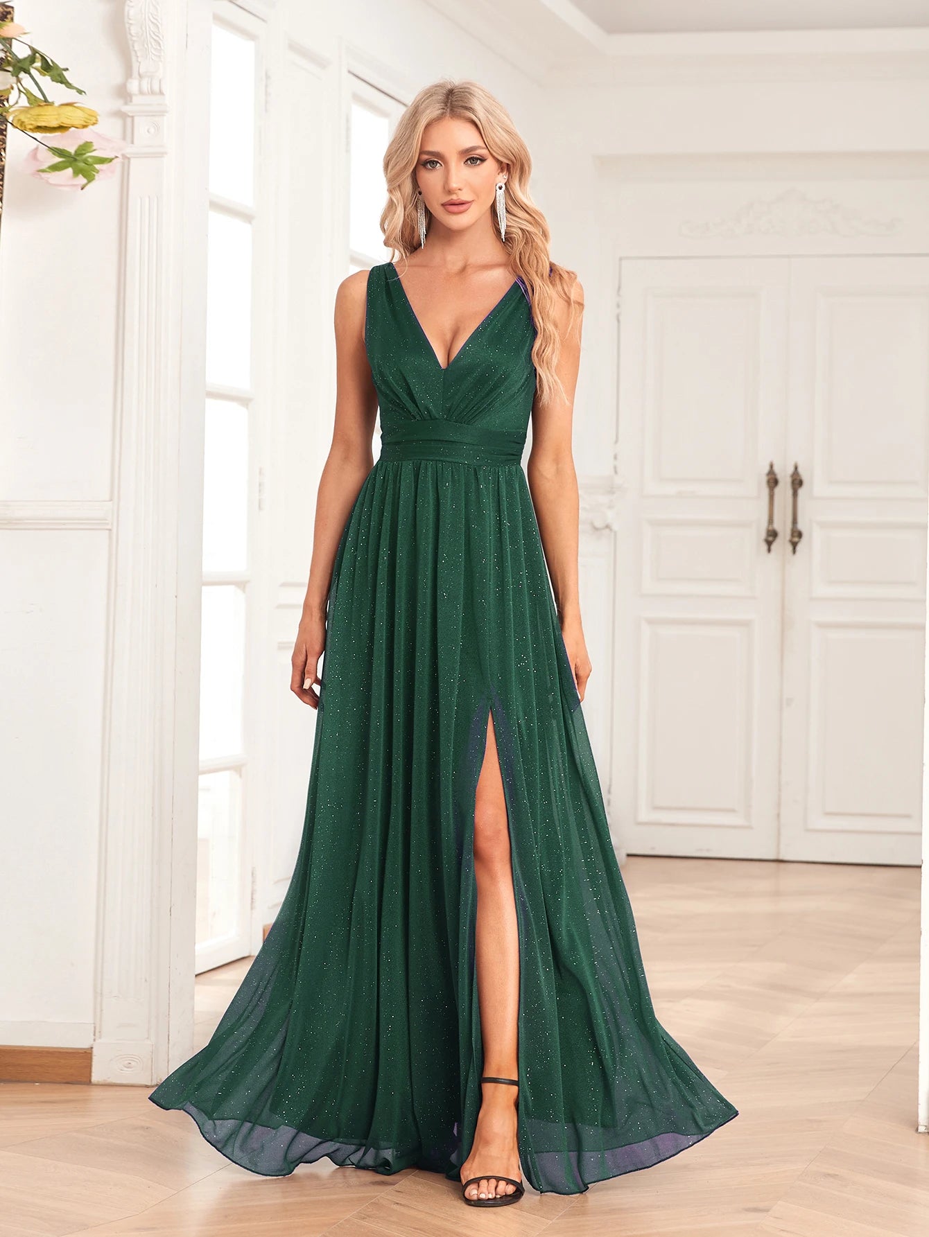 Abito Lungo Elegante da Sera Donna – Chiffon Lucido con Scollatura Doppia a V e Spacco Laterale