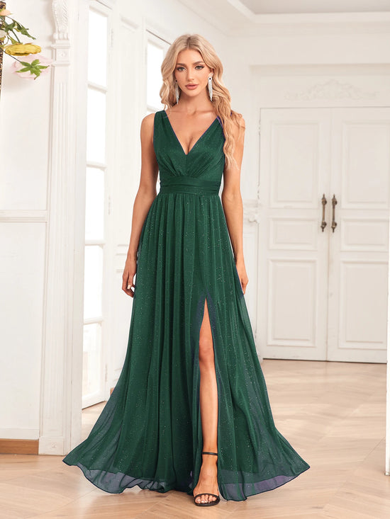 Abito Lungo Elegante da Sera Donna – Chiffon Lucido con Scollatura Doppia a V e Spacco Laterale