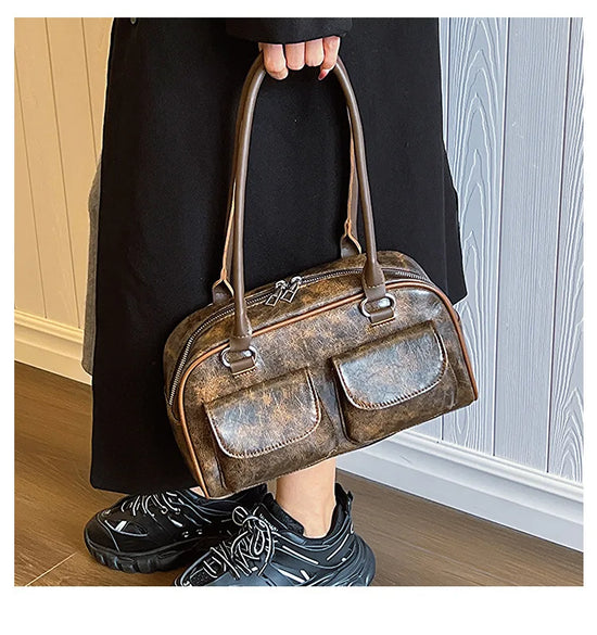 Borsa baguette donna retrò con doppie tasche frontali – trendy piccola underarm per il 2025