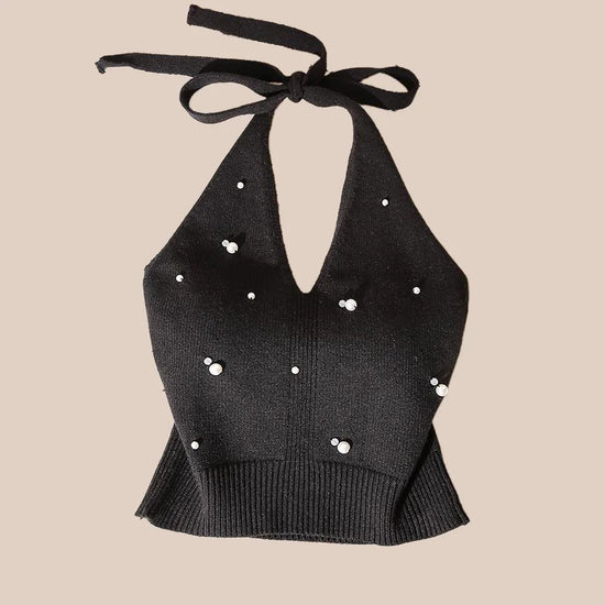 1pc Fashion French Beaded Halter Neck Tie Knot Backless Knitted Vest For Women