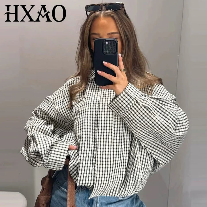 Bomber donna a quadri corto oversize con zip
