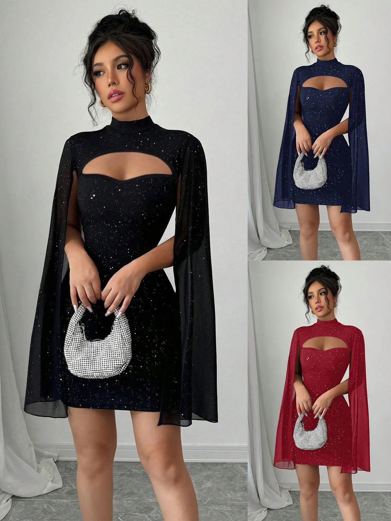 Abito Elegante Donna con Mantella in Chiffon – Vestito Cerimonia Aderente