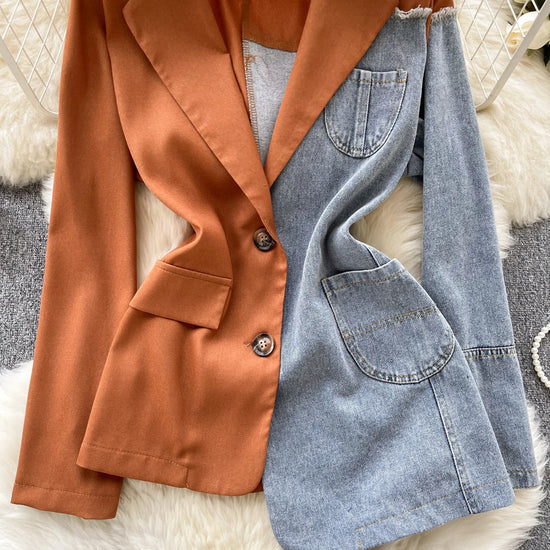 Giacca patchwork in denim con rever 2025 – blazer overshirt donna doppio bottone, vita slim, stile commuter