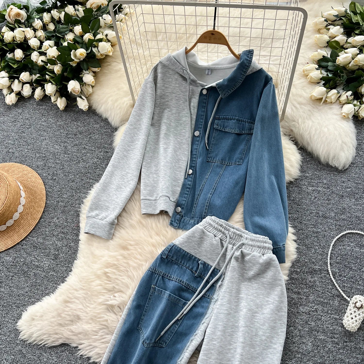 Set denim donna 2025 – completo felpa con cappuccio + pantaloni larghi elasticizzati, co-ord casual trendy
