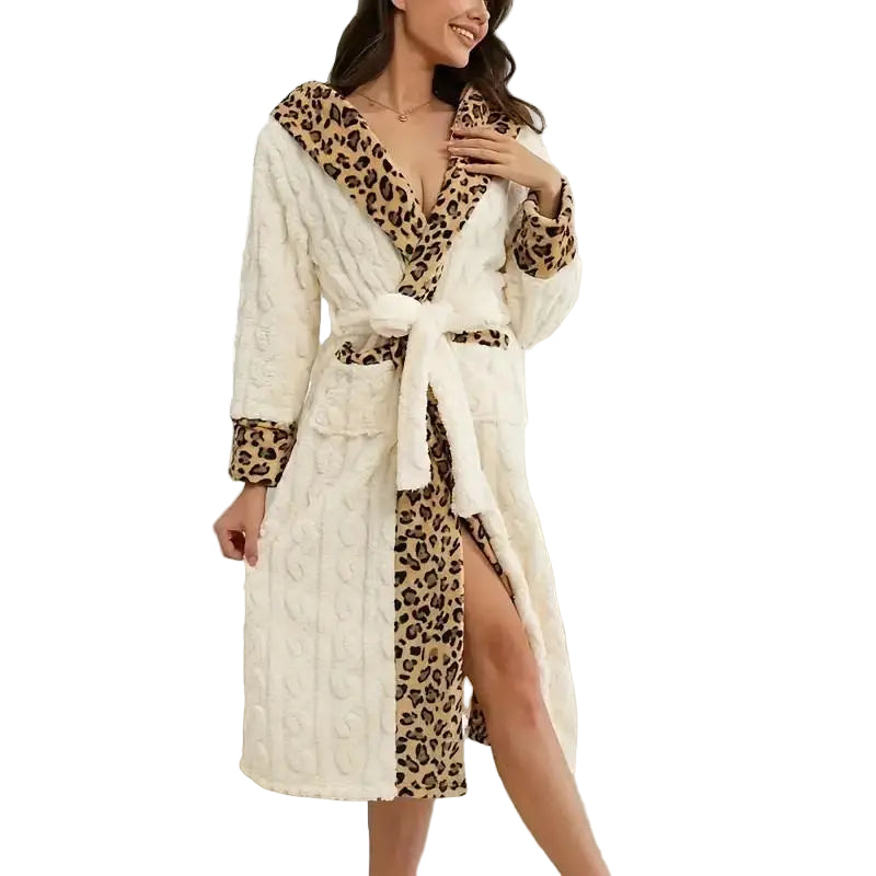 RONGTAI Accappatoio Lungo Donna Con Cappuccio, Stampa Leopardata, In Pile, Con Tasche E Cintura, Taglia Large