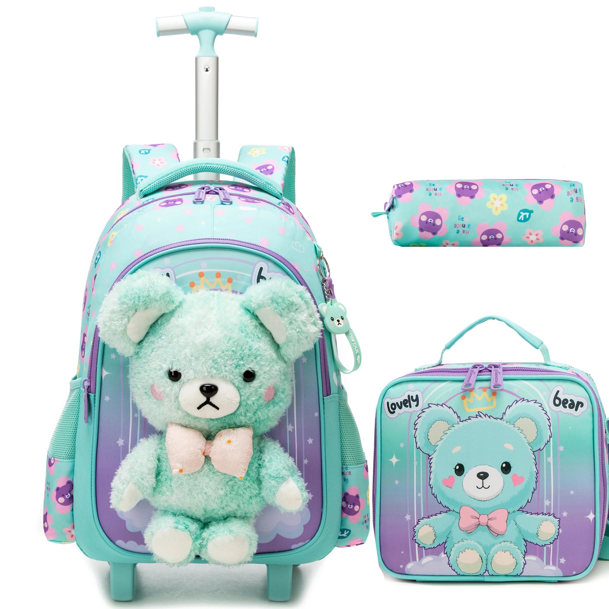Girls 3D Plush Cat Rolling Backpack 3PCS Set - Waterproof Trolley School Bag with Wheels, Insulated Lunch Bag and Pencil Pouch -
