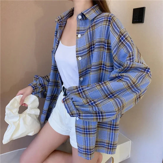 Camicia a quadri donna autunno 2025 – camicia manica lunga stile preppy vintage, taglio loose, single-breasted