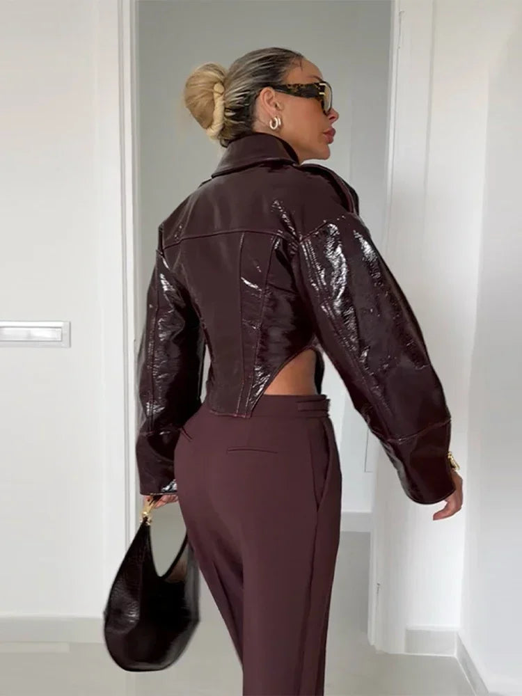 Giacca Biker Donna Effetto Pelle Lucida con Zip – Nero o Rosso