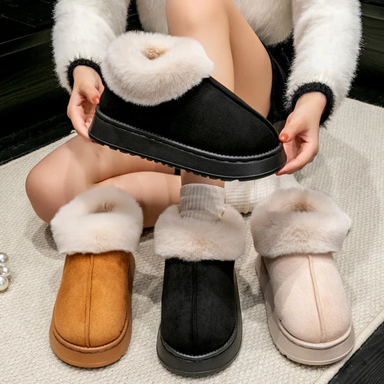 Snow boots donna 2025 – stivaletti fluffy in faux fur e suede, comodi indoor/outdoor, antiscivolo e super caldi
