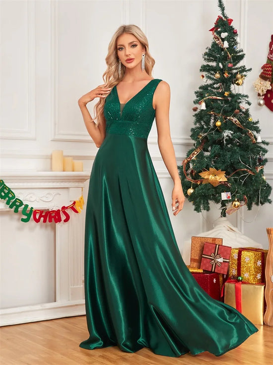 Abito Lungo Elegante Donna con Paillettes e Scollo V – Vestito Cerimonia Matrimonio