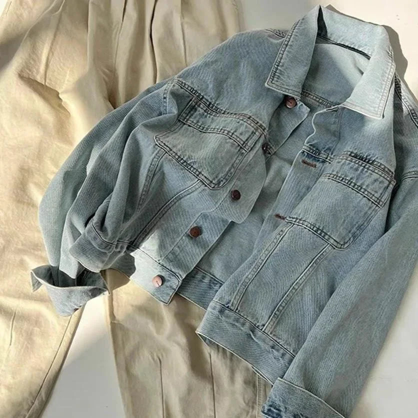 Giacca di jeans donna stile retro – Leggera e casual per primavera e autunno, maniche lunghe, taglio corto e ampio