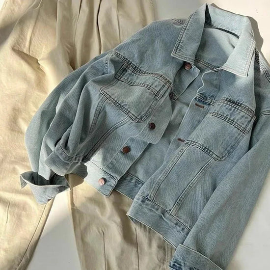 Giacca di jeans donna stile retro – Leggera e casual per primavera e autunno, maniche lunghe, taglio corto e ampio