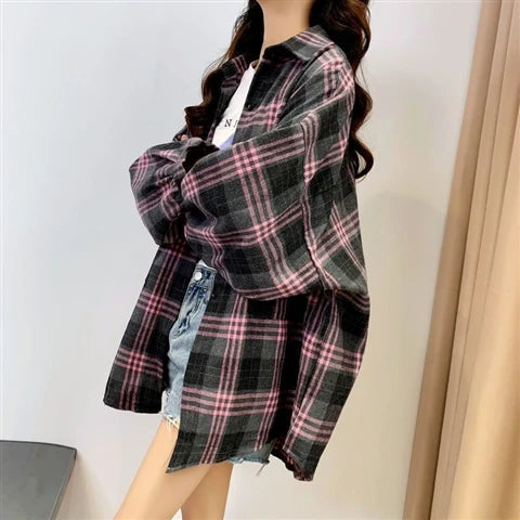 Camicia a quadri donna autunno 2025 – camicia manica lunga stile preppy vintage, taglio loose, single-breasted
