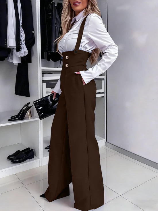 Pantaloni donna marroni a gamba larga con bretelle