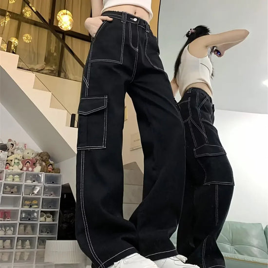 Jeans donna vita alta – Straight / loose fit a gamba dritta, cargo stile, effetto snellente per primavera/autunno
