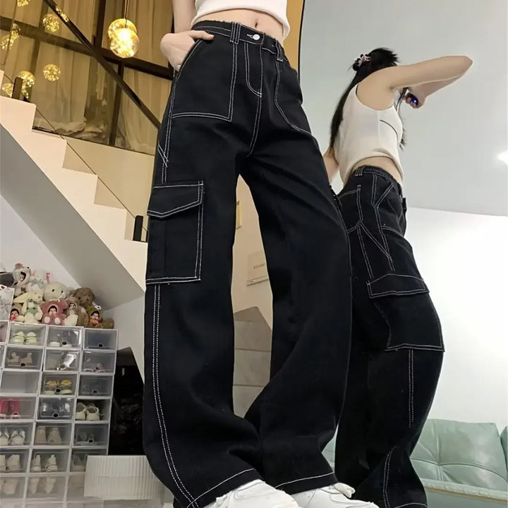 Jeans donna vita alta – Straight / loose fit a gamba dritta, cargo stile, effetto snellente per primavera/autunno