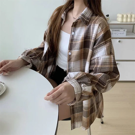 Camicia a quadri donna autunno 2025 – camicia manica lunga stile preppy vintage, taglio loose, single-breasted