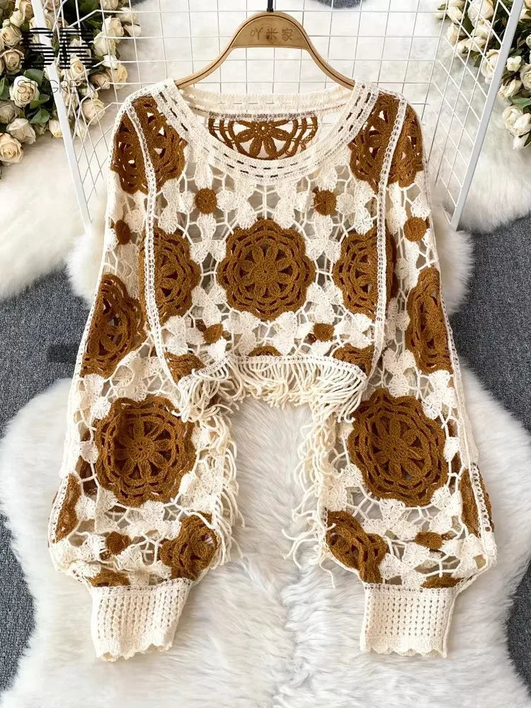 Top con frange all’uncinetto – Maglia cropped boho con maniche a pipistrello, stile vintage / festival