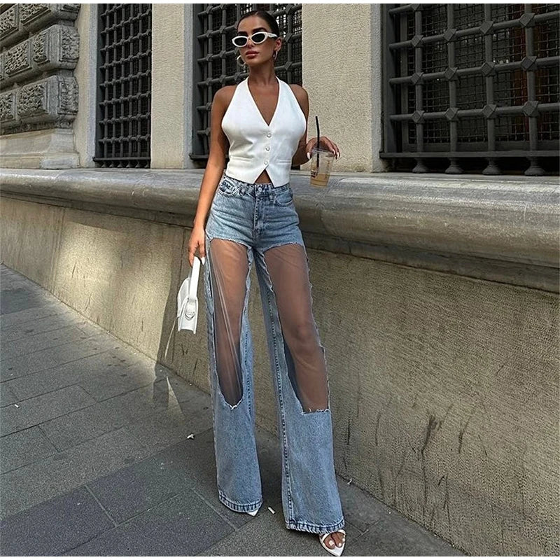 Jeans donna 2025 con pannelli mesh al ginocchio – denim hip-hop a vita alta, stile streetwear trasparente