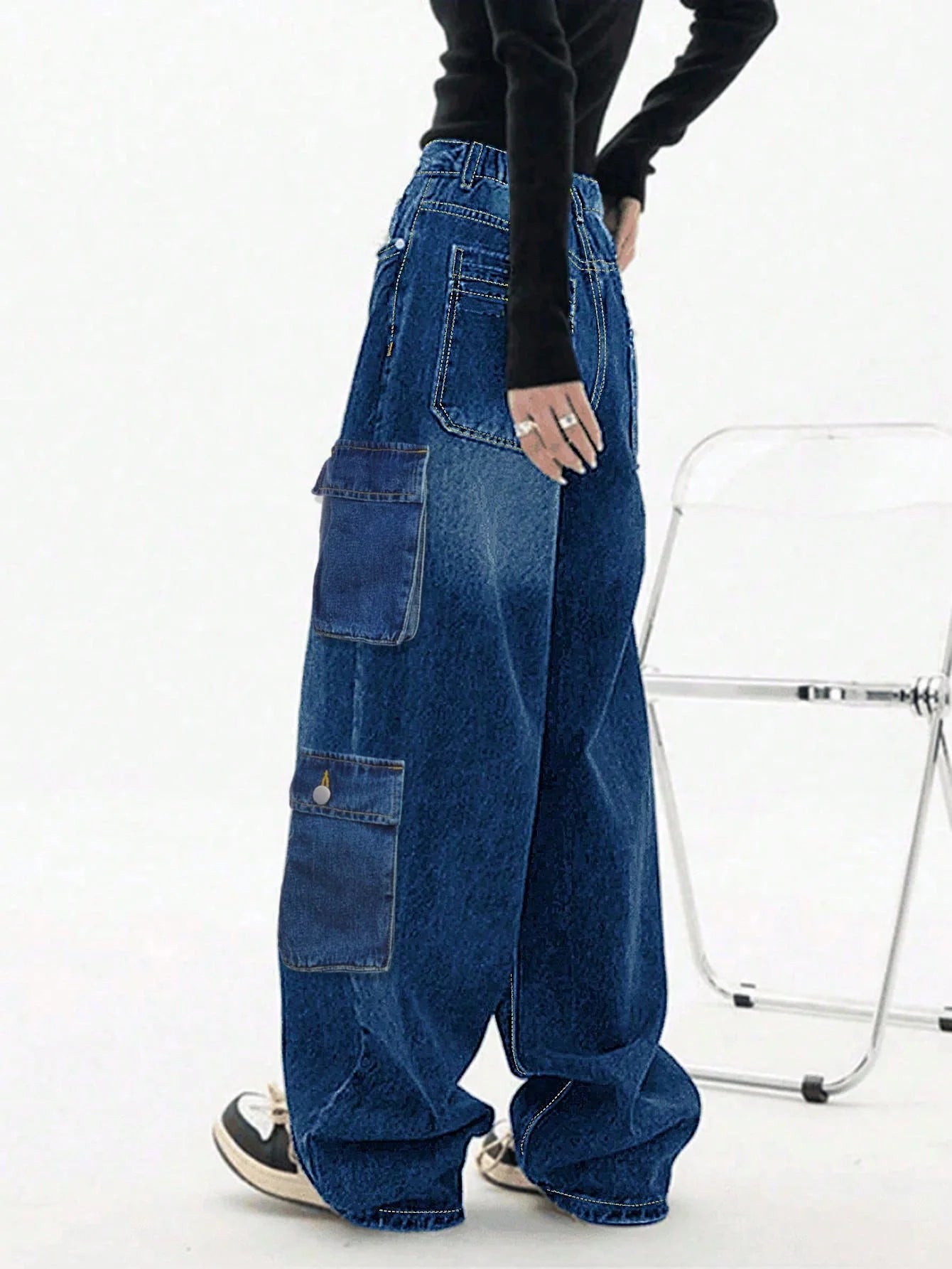 Jeans Baggy cargo straight-leg Y2K donna – vita alta, tasche laterali e stile streetwear dark blue