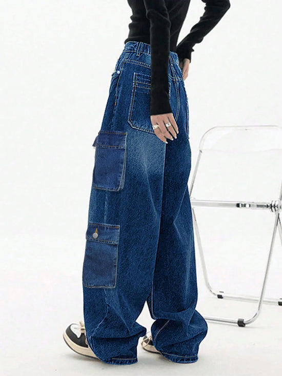 Jeans Baggy cargo straight-leg Y2K donna – vita alta, tasche laterali e stile streetwear dark blue