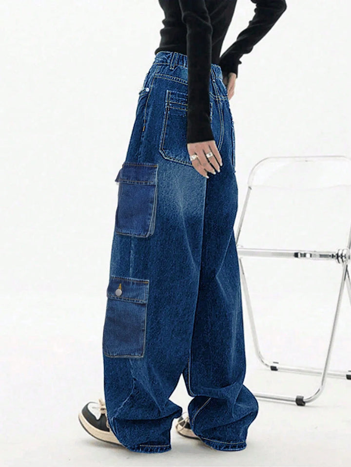 Jeans Baggy cargo straight-leg Y2K donna – vita alta, tasche laterali e stile streetwear dark blue