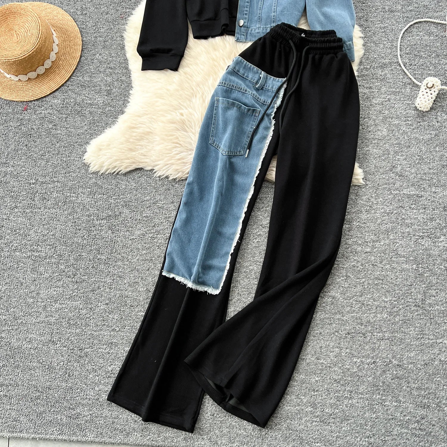 Set denim donna 2025 – completo felpa con cappuccio + pantaloni larghi elasticizzati, co-ord casual trendy