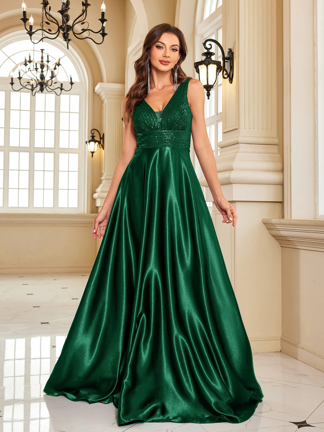 Abito Lungo Elegante Donna con Paillettes e Scollo V – Vestito Cerimonia Matrimonio