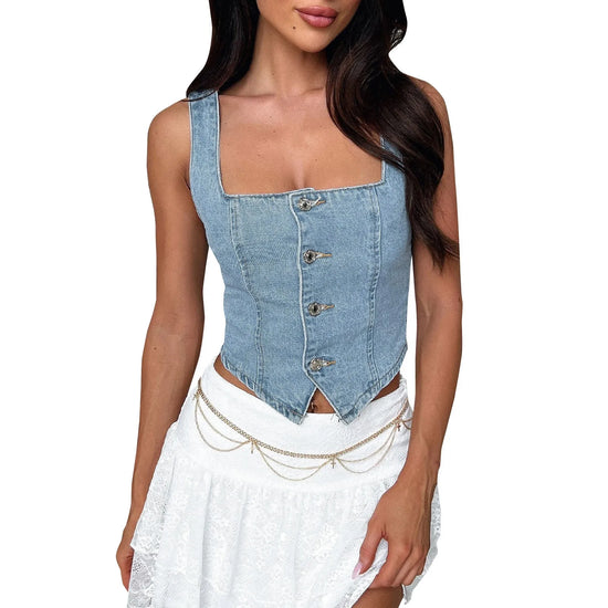 Top Denim Donna Aderente – Crop Top Scollo Quadrato