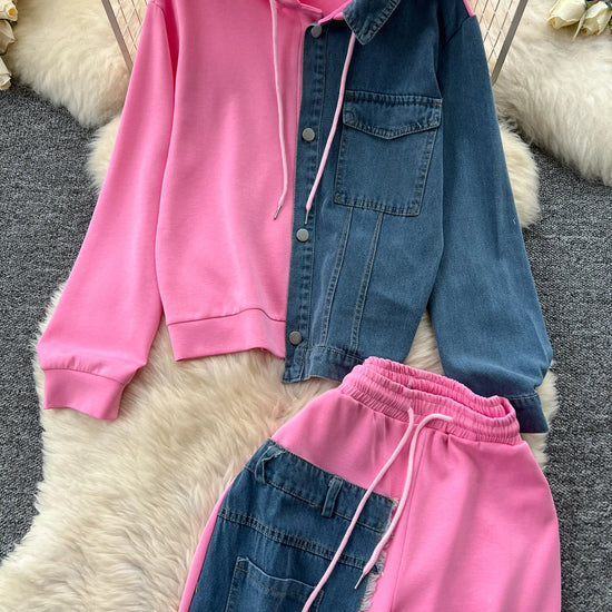 Set denim donna 2025 – completo felpa con cappuccio + pantaloni larghi elasticizzati, co-ord casual trendy
