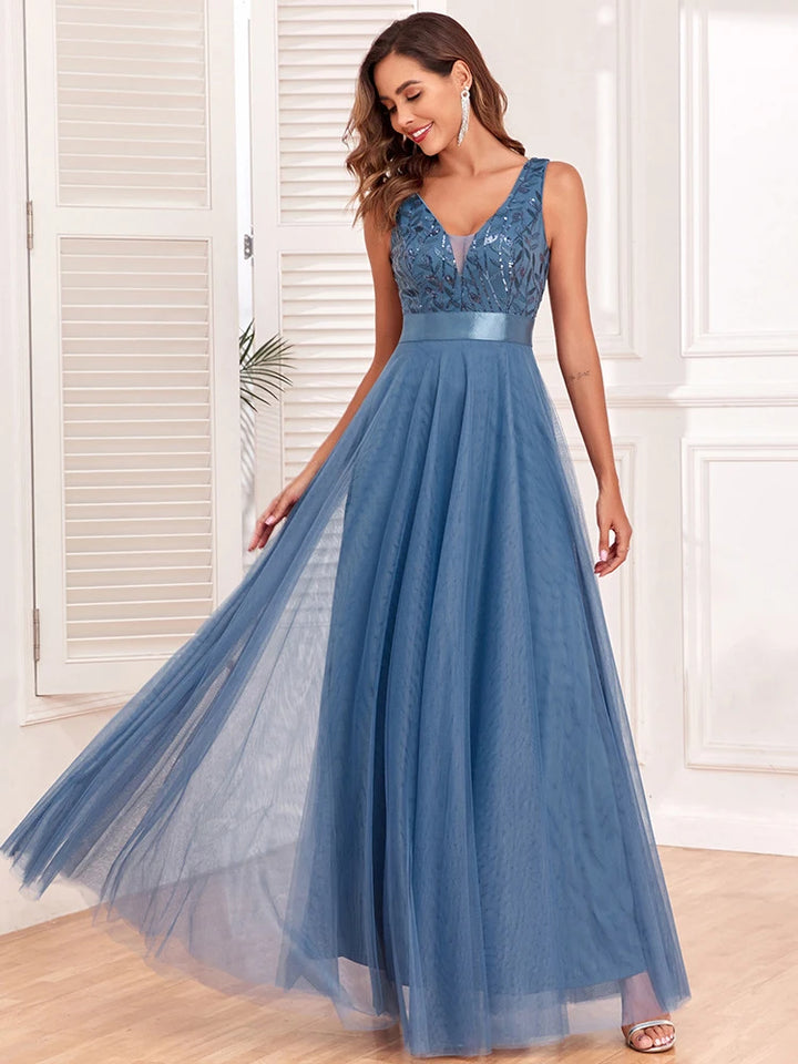 Abito Lungo Elegante Donna con Paillettes – Vestito Cerimonia Matrimonio e Damigella